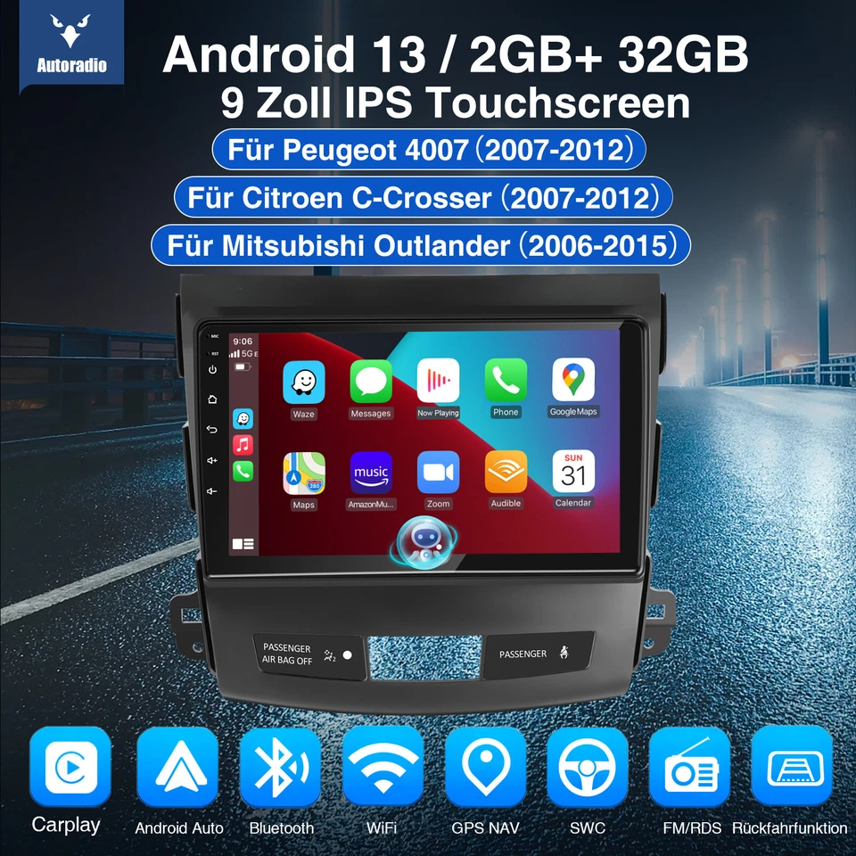 Carplay 2+32G Autoradio Android 13 GPS BT RDS Für Mitsubishi Outlander 2005-2011 - Bild 3 von 4