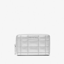 MICHAEL KORS SMALL METALLIC SILVER QUILTED LEATHER WALLET,COIN PURSE,WRISTLET