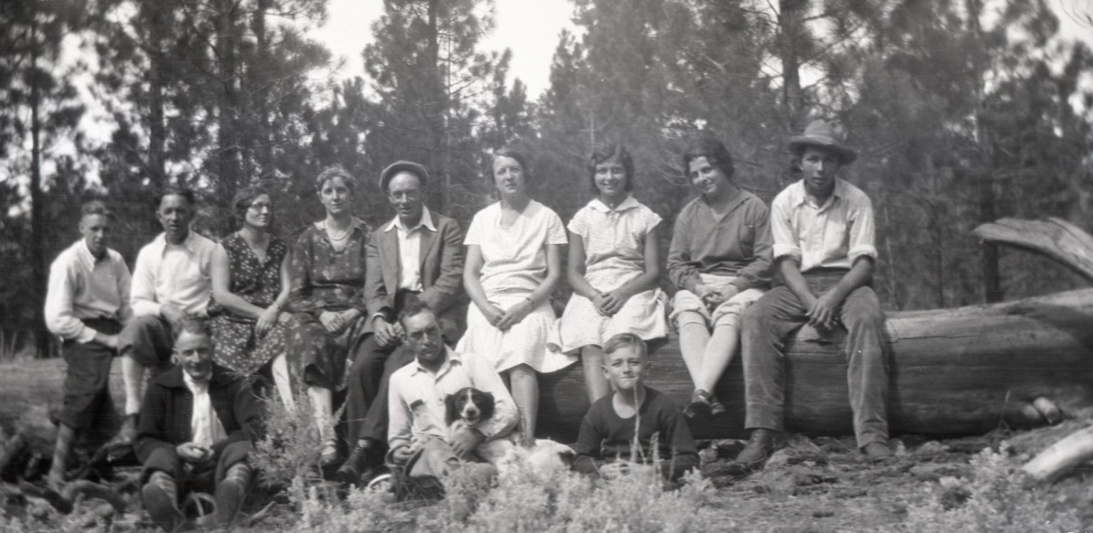 a25 Negative 1940's California  Family Group Outdoor Dogs Pine Forest 125a