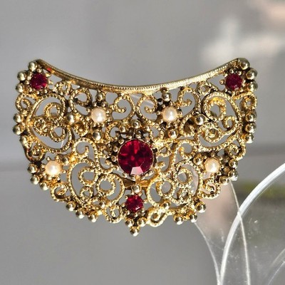 J Jonet Vintage Brooch Women's Gold Tone Filigree Ruby and Pearl Accents Glam  