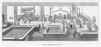 LONDON Die Küche im konservativen Clubhaus - antiker Druck 1846