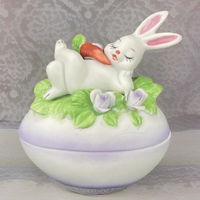 Easter Bunny Egg Trinket Box Rabbit Eating Carrot Vintage Lefton Porcelain