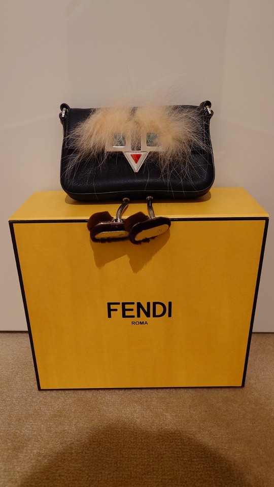 Fendi Micro Baguette Black Leather Fur Face Purse Crossbody Bag W Chain Handle