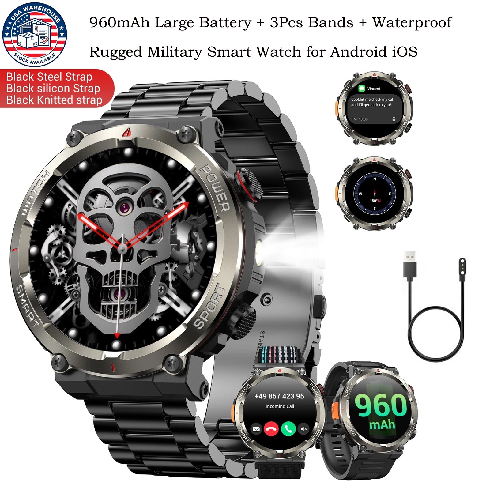 Military Tactical Rugged Smart Watch for Men Stainless Steel Band Waterproof US