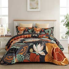 3 Piece Black Boho Floral King Size Quilt Sets Reversible Farmhouse Botanical...