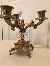 Vintage Brass Hollywood Regency Candlestick Holder 3 Arm Ornate Crystal Detail