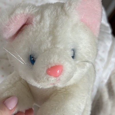 Vintage 80s White Kitty Cat Plush Stuffed Animal Pink Ears/Nose Blue Eyes Kitten
