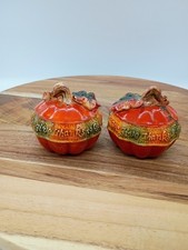 Ceramic Fall Thanksgiving Pumpkin " We Give Thanks ." Salt & Pepper Shakers READ
