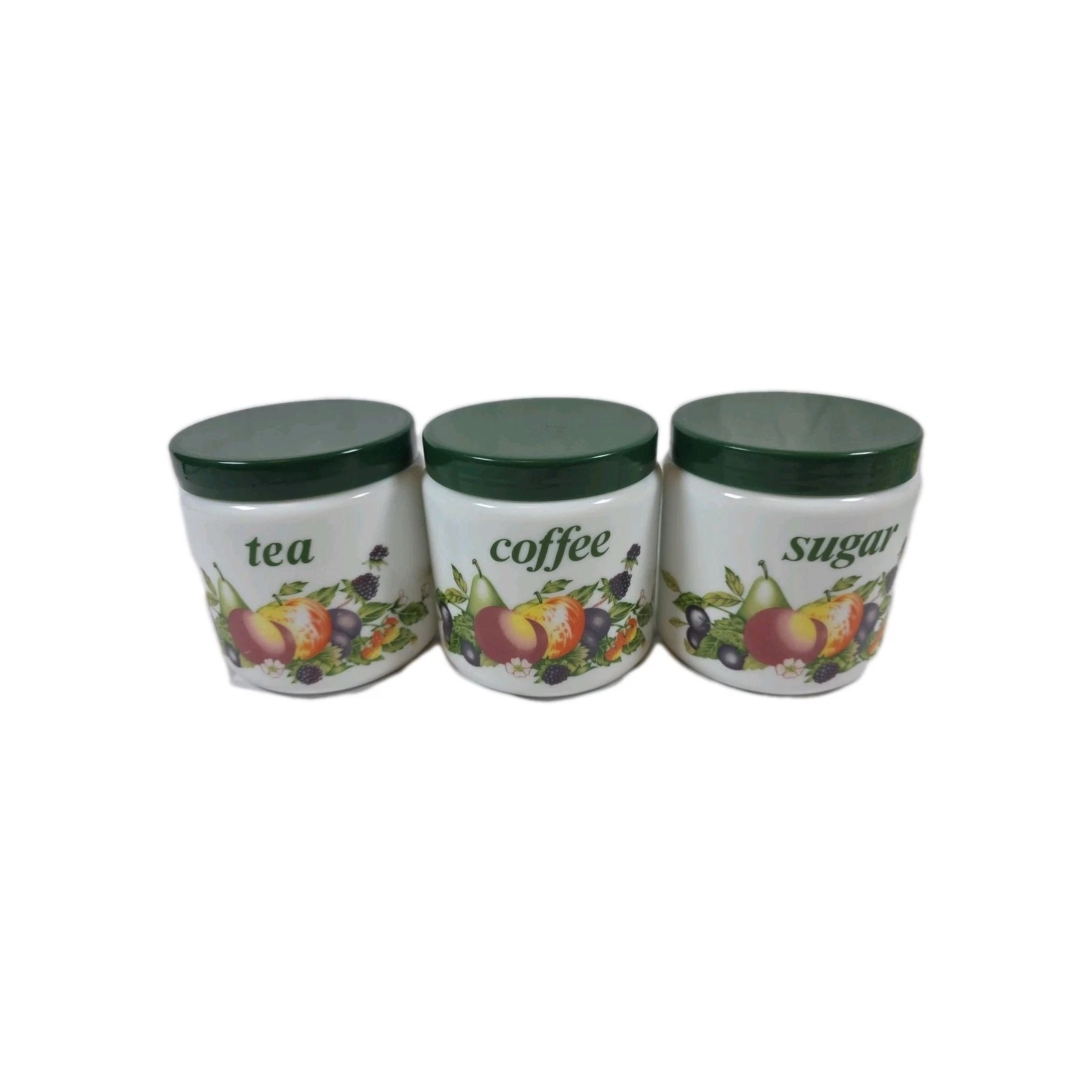 Vintage CLP Milk Glass Jar Set 3. Tea Coffee Sugar.white,green Lid,fruits Design