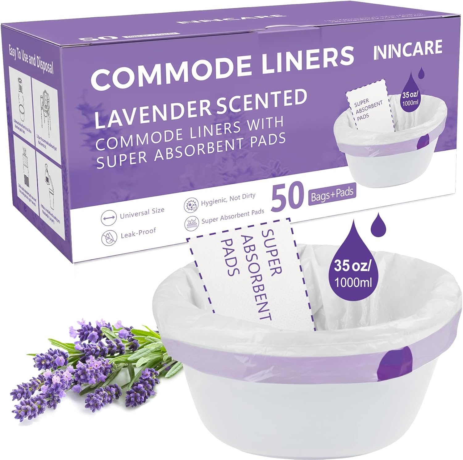 Commode Liners with Absorbent Pads for Bedside Commode, 50 Lavender Scented Comm