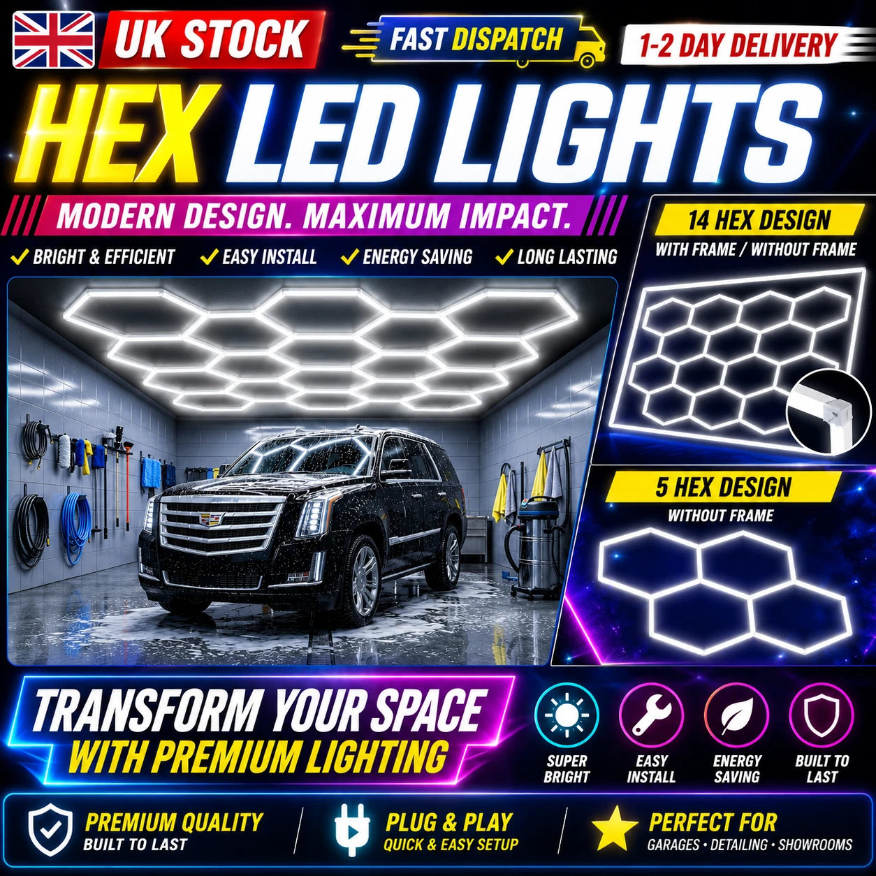 5-14x Hexagon LED Ceiling Lighting Car Detail Retail Garage Workshop Wall Lights