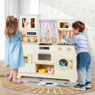 Wooden Kids Play Kitchen w/ Rotatable Faucet & 14 Accessories Cooking Set, Beige