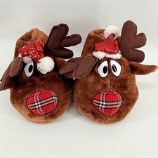 Reindeer Slippers Christmas Holiday Novelty Plush Santa Hat Plaid Nose