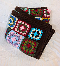 Handmade Crochet Granny Square Throw Blanket Multicolor Brown Border