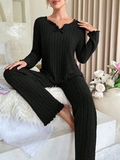 Ladies Elastic Waist Long Sleeve Sleepwear Women Winter Ribbed Pyjamas Sets Pjs