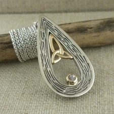 Sterling silver & 10K Celtic Trinity Knot Pendant White Sapphire and Bark Finish