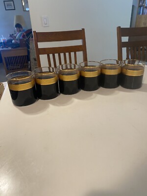 Set Of 6 Pasabahce Turkey Black & Gold Rim Low Ball Glasses 3 3/8'' Unique NIB