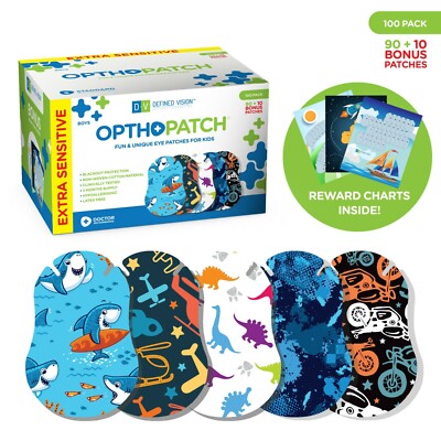 Kids Adhesive Eye Patches Fun Boys Design [90 + 10] + Rewards Charts - Series II