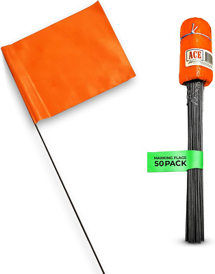 50 Fluorescent Orange 4X5'' Lawn Marking Flags with 15'' Wire Stakes