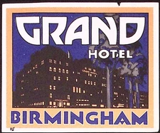 Grand Hotel ~BIRMINGHAM - ENGLAND UK~ Gorgeous ART DECO Luggage Label, c. 1945