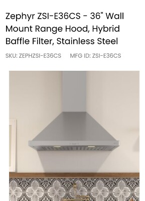 Zephyr 36w In. Wall Mounted Range Hood Hybrid Baffle Filter Stainless Steel 