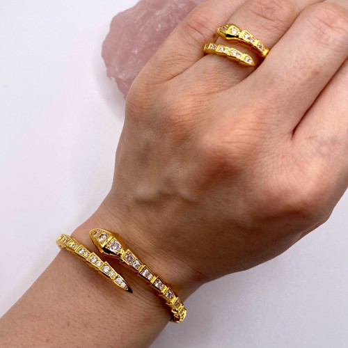 Juego de anillos de pulsera serpiente de circonio cúbico de lujo enchapado en oro 18 quilates | pulsera víbora - Imagen 6 de 12