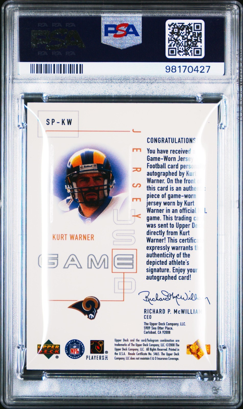 2000 Upper Deck Kurt Warner Pros & Prospects On Card AUTO Game Used Jersey Rams view 2