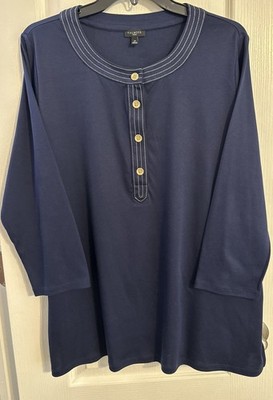 Talbots Navy Blue Embroidery Gold Buttons Tunic Blouse Size 1X