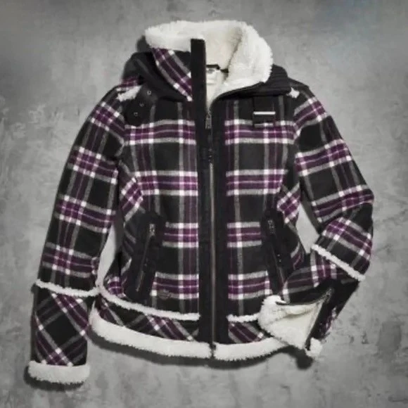 Abrigo forrado Sherpa polar a cuadros negro púrpura Harley-Davidson moto motocicleta S Foto 4 de 4
