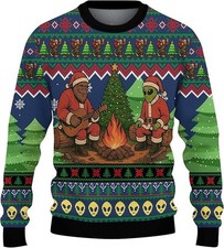 Bigfoot Alien Santa Ugly Christmas Sweater Campfire Guitar Funny Holiday Jumper