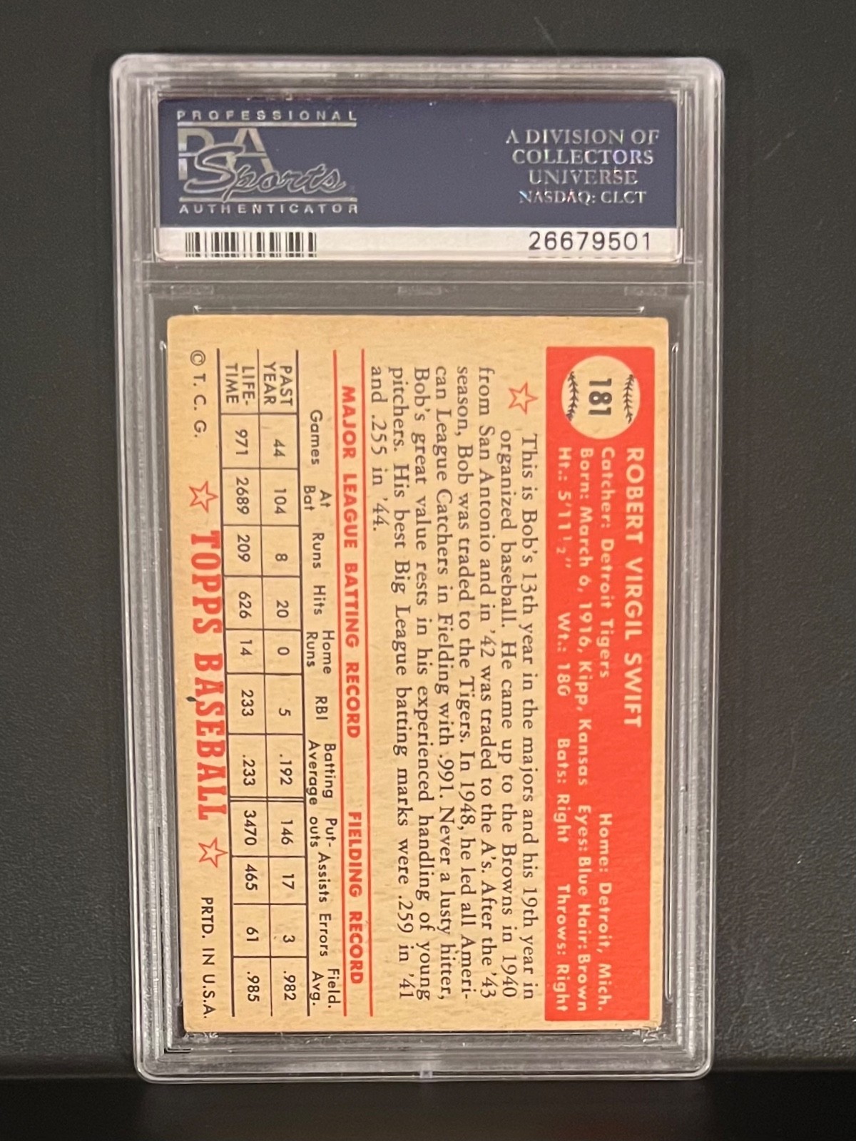 1952 Topps #181 Bob Swift PSA 3.5 view 2