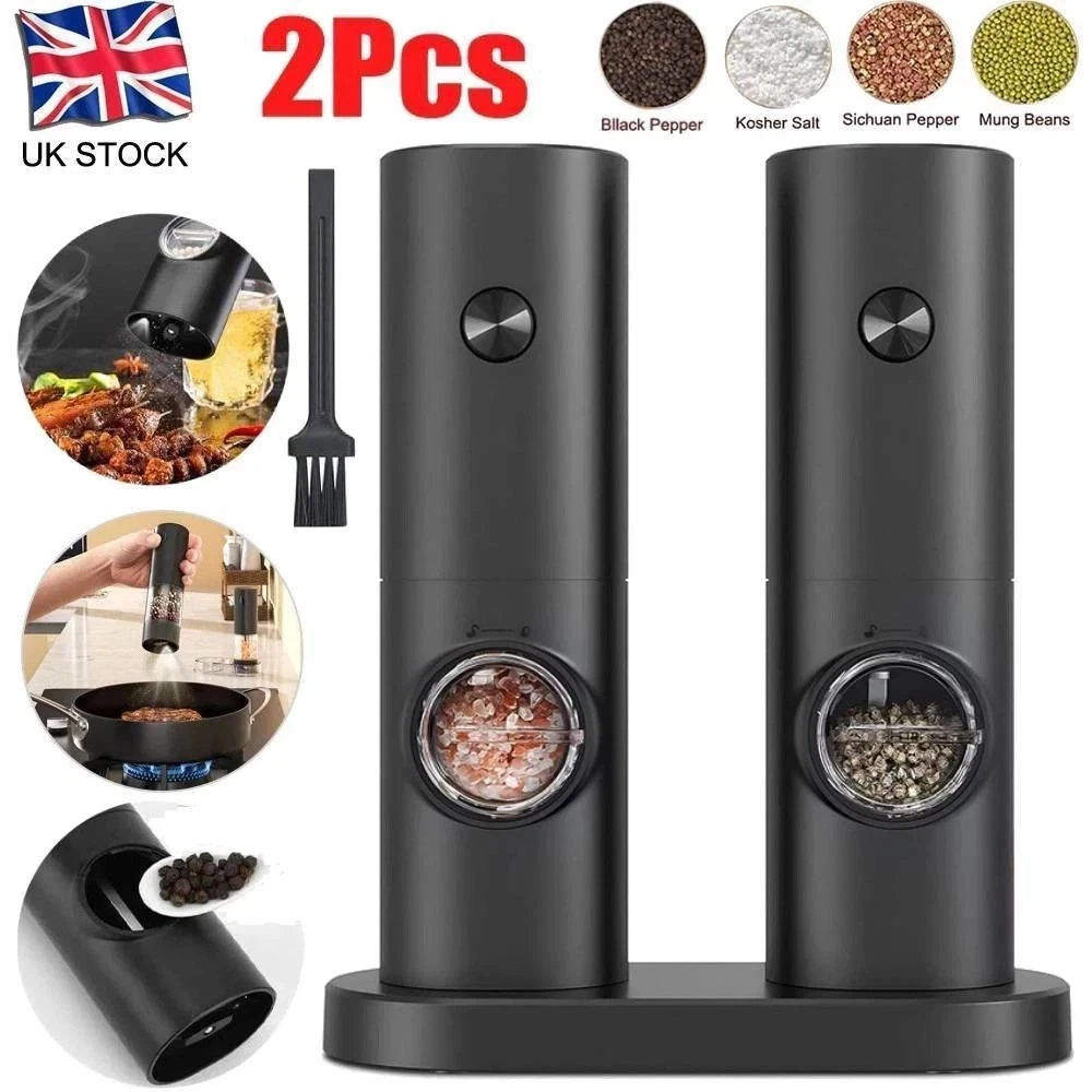 2x Electric Salt and Pepper Grinder Auto Mill Shaker Adjustable Coarseness + LED