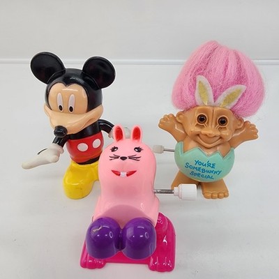 Lot of 3 Figurines - Russ Easter Troll, Mickey Mouse, Bunny Wind Up Toy 3'' READ