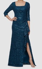 Alex Evenings Women's Blue Square Neck Sequin Lace 3/4-Sleeve Gown Dress Size 8
