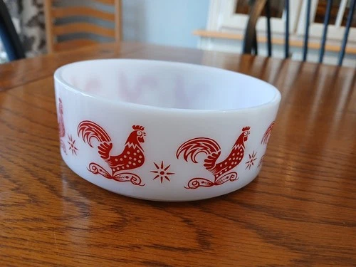 Vintage Hazel Atlas Red Rooster Milk Glass Bowl