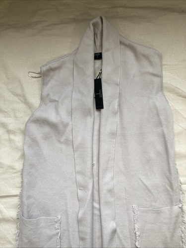 Weste Tahari lang Strick Viskose Mischung beige Fransen mit Taschen M - Bild 3 von 4