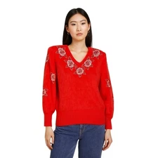 Vintage 80s Angora Sweater Red Floral Embroidered Beaded Shoulder Pads 319