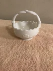 Vintage Milk Glass Flowers & Bows Basket With Handle 5” Tall