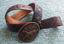 Vintage Black Belt with Native American Buckle, 33"-37" hip/waist