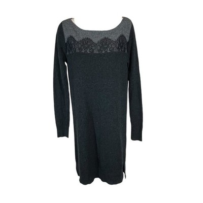 Three dots knit sweater dress lace trim gray winter casual lambswool blend