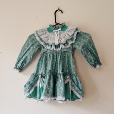 Vintage 70s/80s Girl's Green Frill Lace Floral Cottage Prairie Dress Size 4