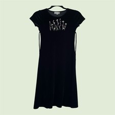My Michelle Dress Girl  s size 8 Velour Black Midi Tie Ribbon Embroidery 90s Y2K