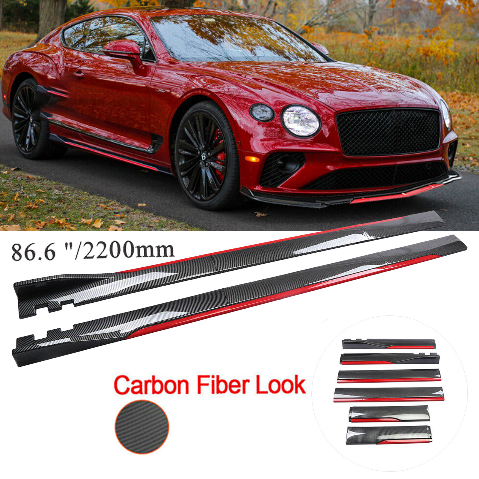 Carbon Fiber Look 86.6" Side Skirt Extension Spoiler Splitter For Bentley Contin