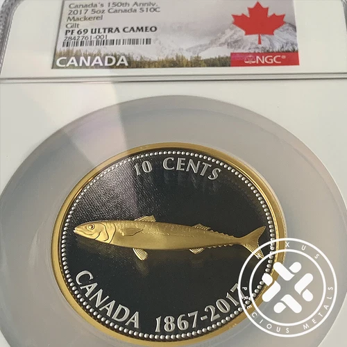 2017 NGC PF 69 UC $10C 5 oz Proof Mackerel Gilt Silver Canada`s 150 Anniv Coin 