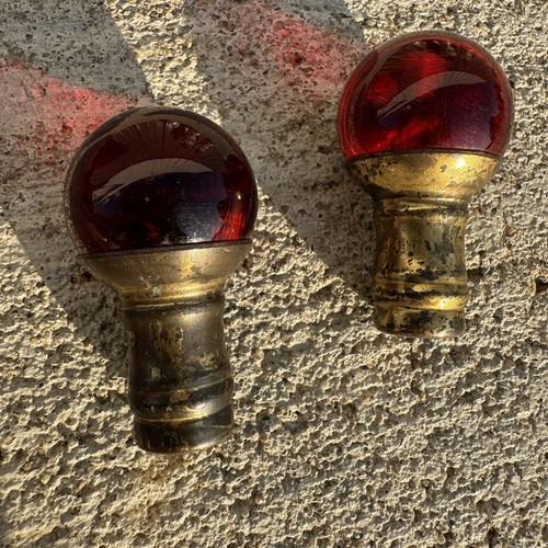 Pair (2) VTG Brass Tone 3/4” Inch RED RUBY Glass Marble Ball Lamp