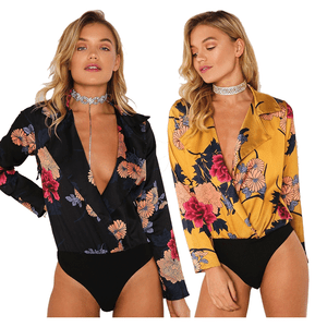 Ladies Floral Flower Print Wrap Front Plunge Neck Satin Bodysuit Shirt Top