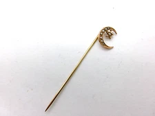 ❤️  Victorian 14K Gold Cresent Moon & Star Seed Pearl Stickpin Stick Pin Clean