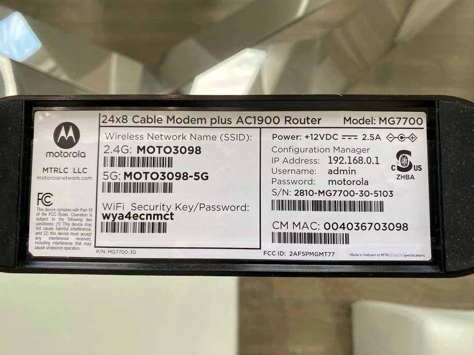 Motorola MG7700 Modem AC1900 WIFI Router Combo - Modem and Power Supply No Box - Image 4 of 4