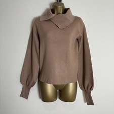 Next Jumper Camel Stretch Fine Knit Fly Collar Volume Sleeve New Med & Large