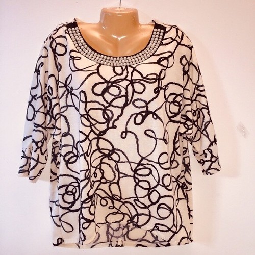Brand New ALFANI Sz. M Ivory Black Printed Light Sweater Top with Pearls No Tags - Picture 3 of 7